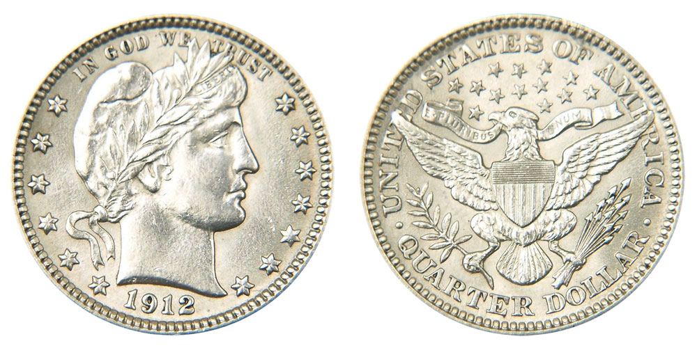 1912 Barber Quarter obverse and reverse showing Lady Liberty and spread eagle design