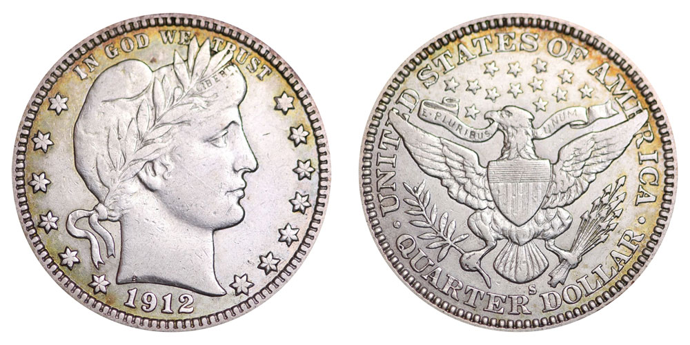Side-by-side comparison of 1912-P no mint mark reverse versus 1912-S mint mark reverse on Barber Quarter