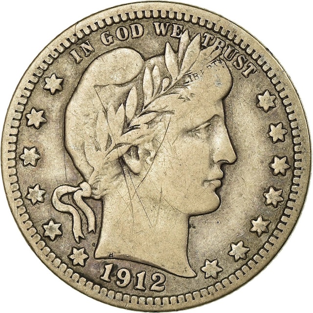 1912 Barber Quarter die cud error showing raised unstruck metal blob at coin rim