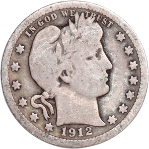 1912 Barber Quarter struck-through grease error showing weak or missing design details