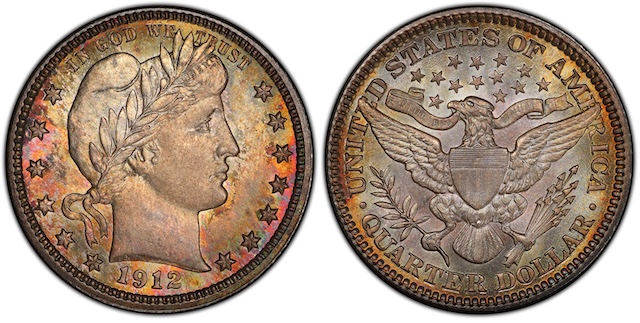 1912 Barber Quarter grading strip showing four condition levels from Good to Uncirculated side by side